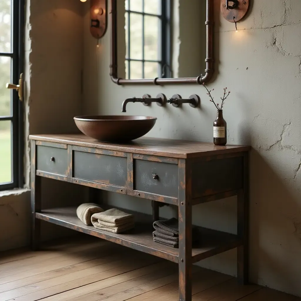 a photo of a rustic metal vanity with exposed pipes