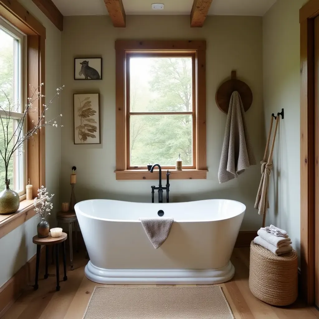 a photo of a bathroom with a freestanding tub and rustic decor elements