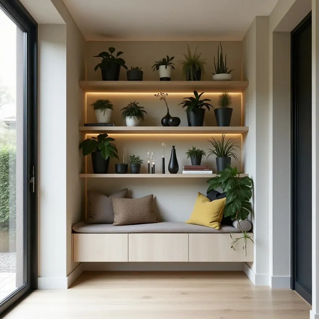 a photo of an entrance hall with shelving that doubles as a display for plants