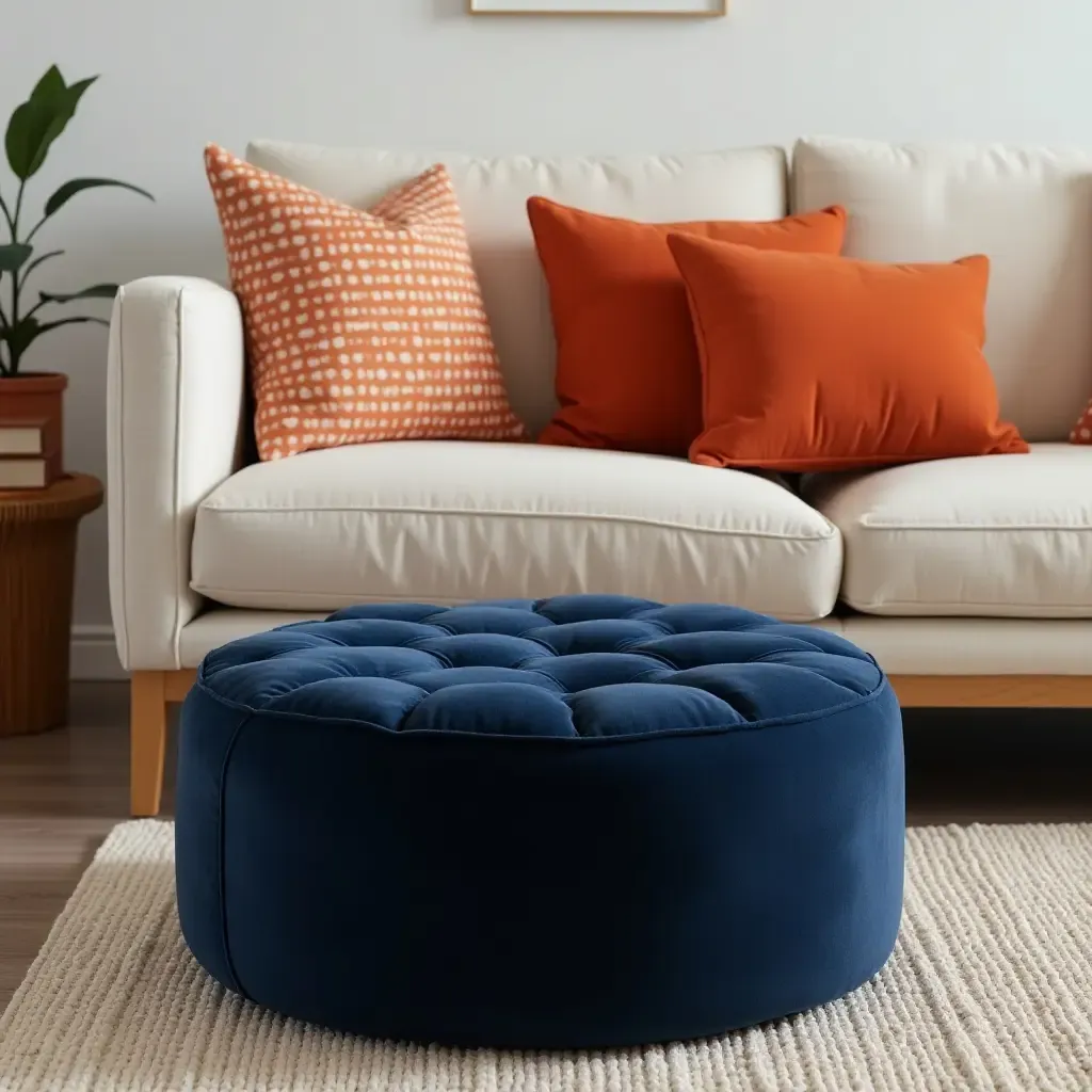 a photo of a navy pouf paired with orange decorative pillows