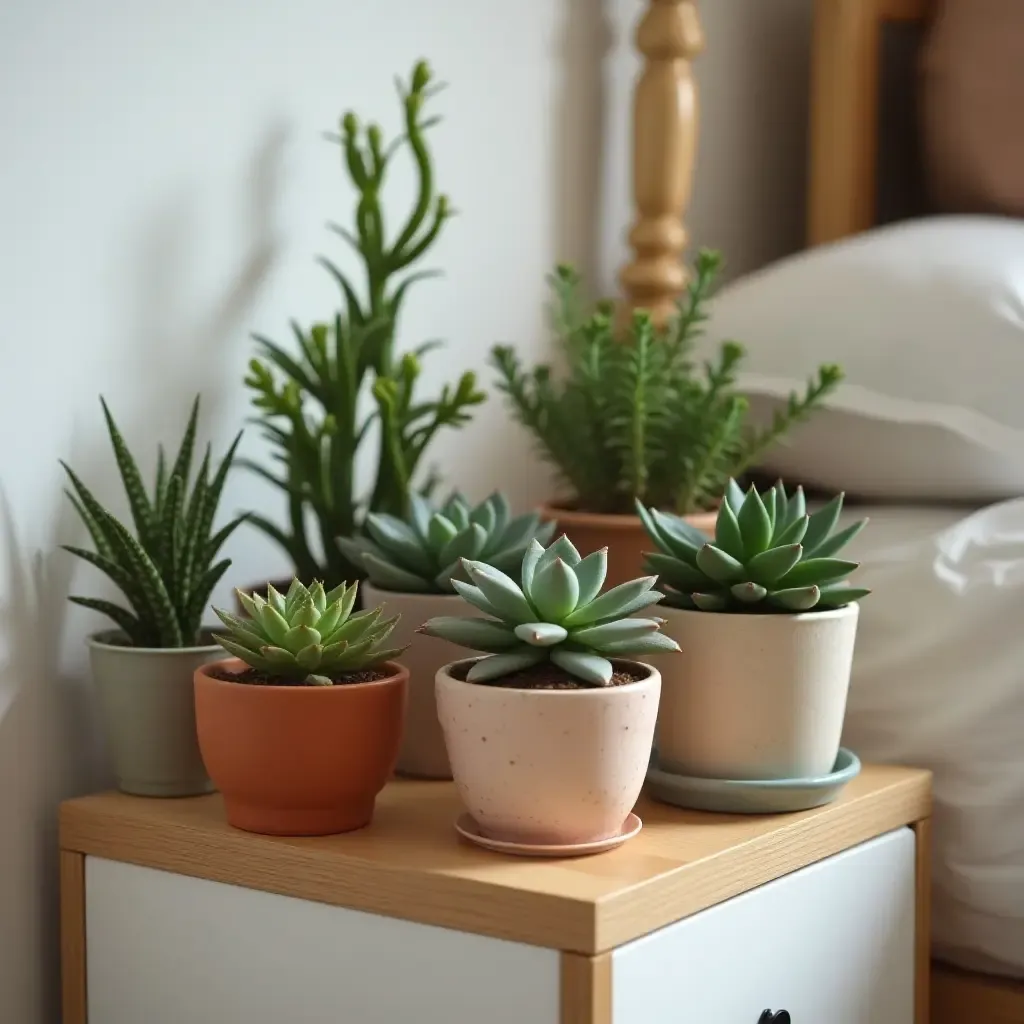 a photo of a bedside table adorned with a variety of succulents in colorful pots