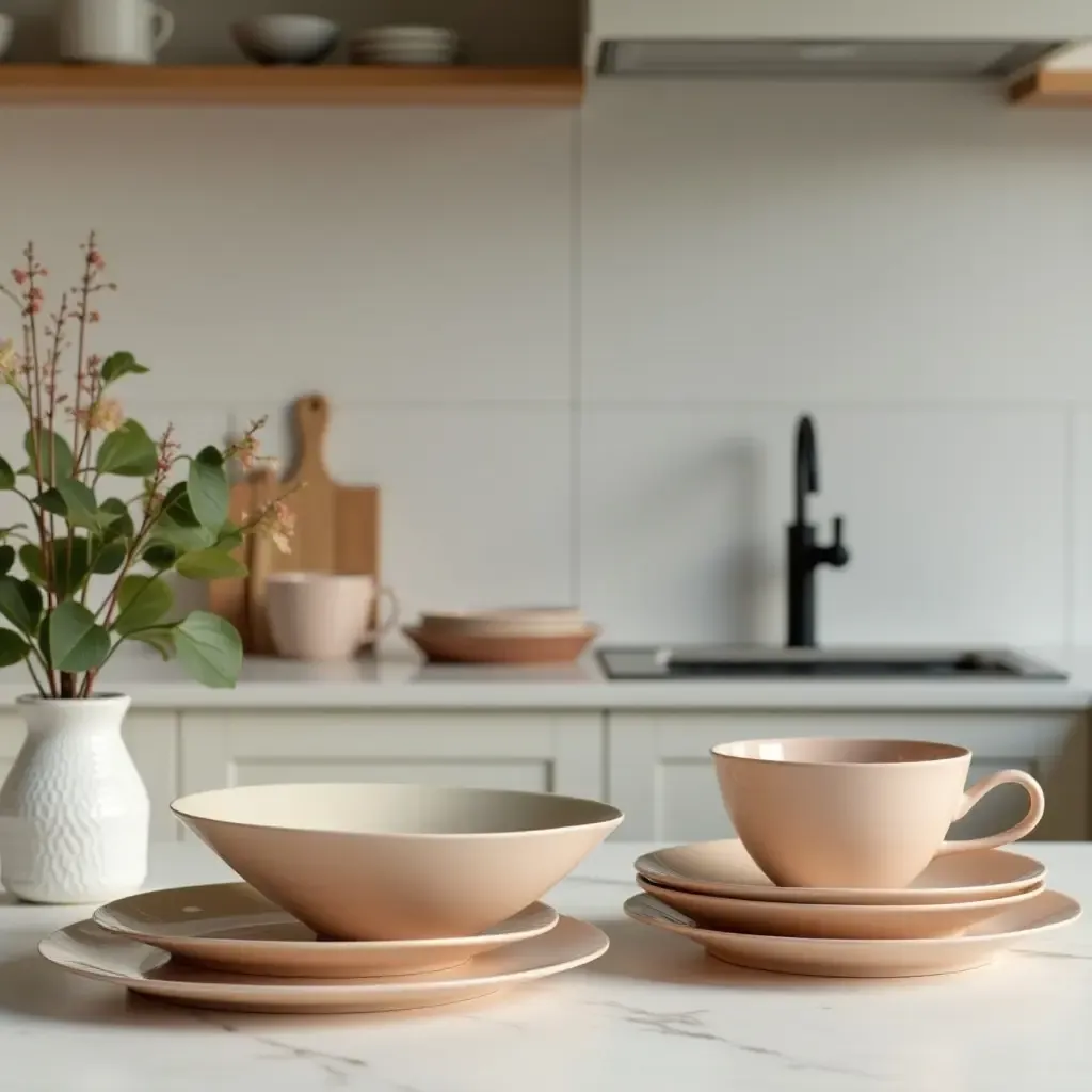 a photo of retro dinnerware arranged in a sleek kitchen