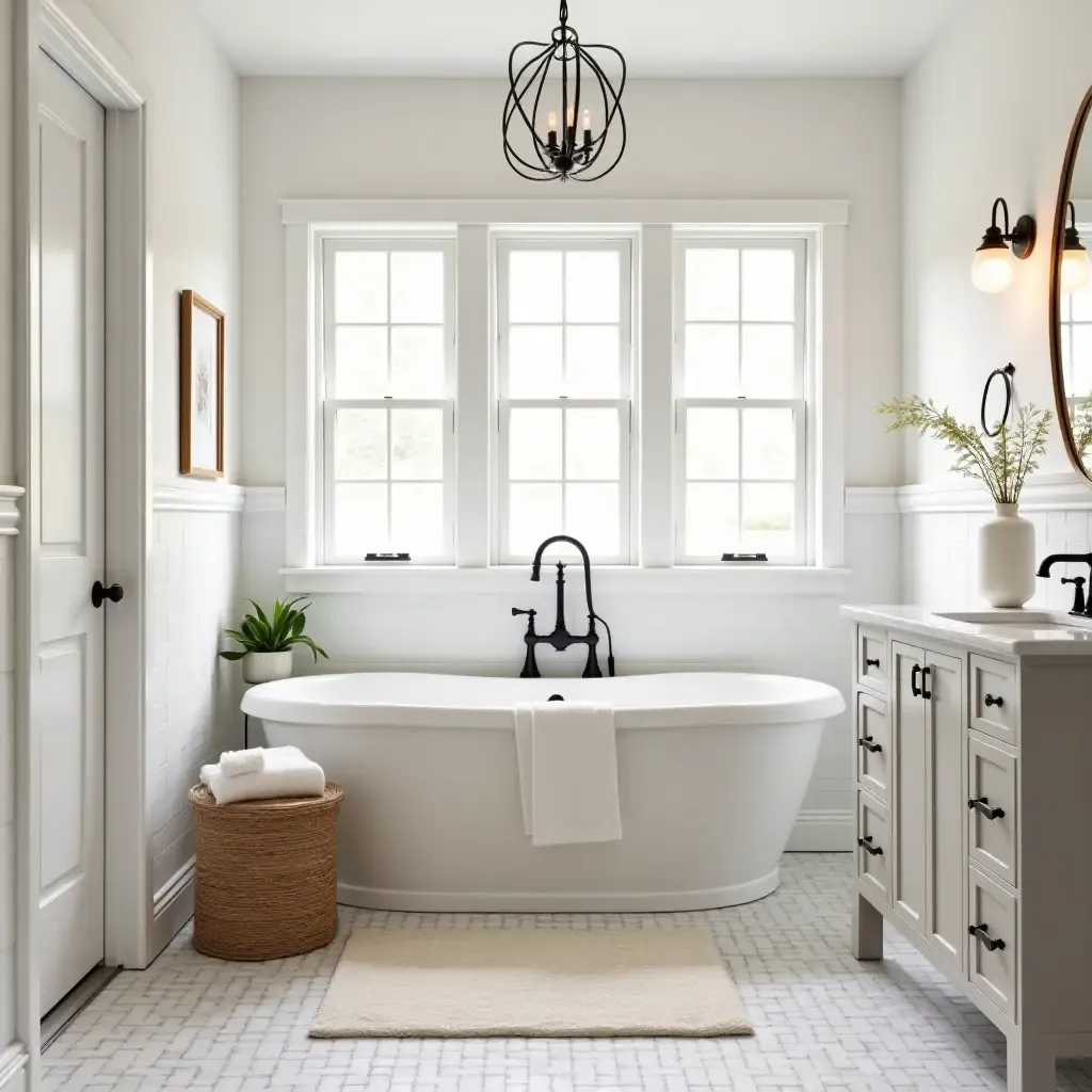 a photo of a cozy bathroom featuring a farmhouse-style rug and decor