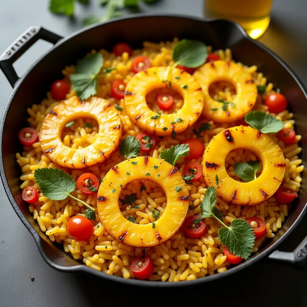 a photo of paella with saffron-infused rice and grilled pineapple, tropical twist.