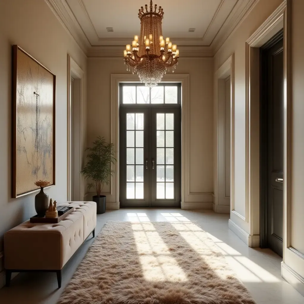 a photo of a glamorous entrance hall with metallic accents and plush rugs