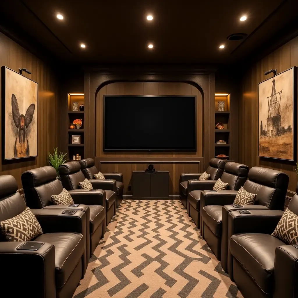 a photo of a basement home theater with industrial-style seating and decor