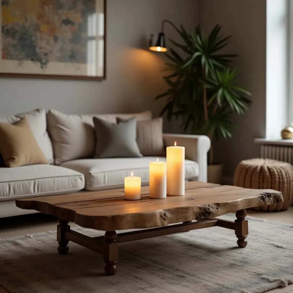 a photo of a living room featuring a rustic coffee table and candles