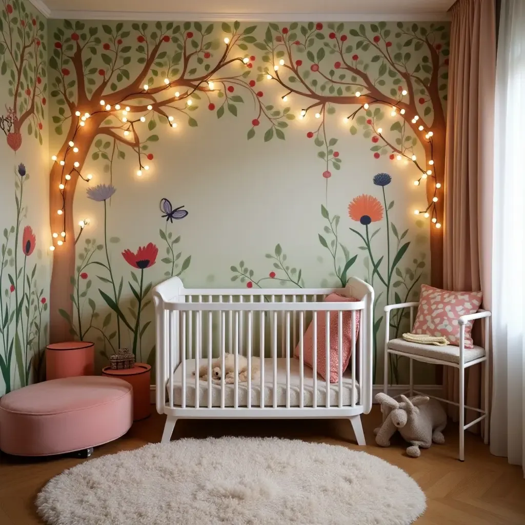 a photo of a whimsical nursery with fairy lights and colorful murals