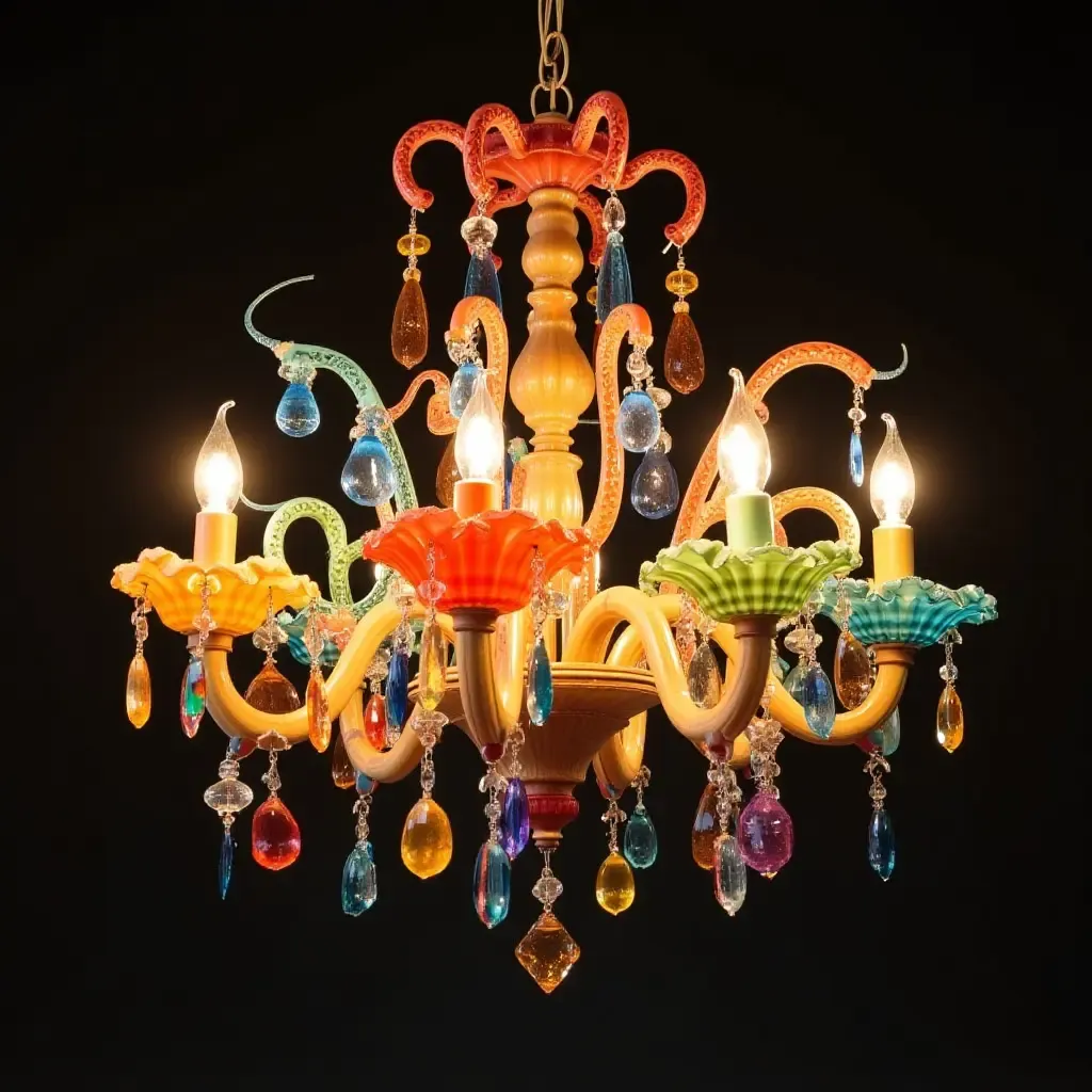 a photo of a whimsical chandelier featuring multicolored glass elements