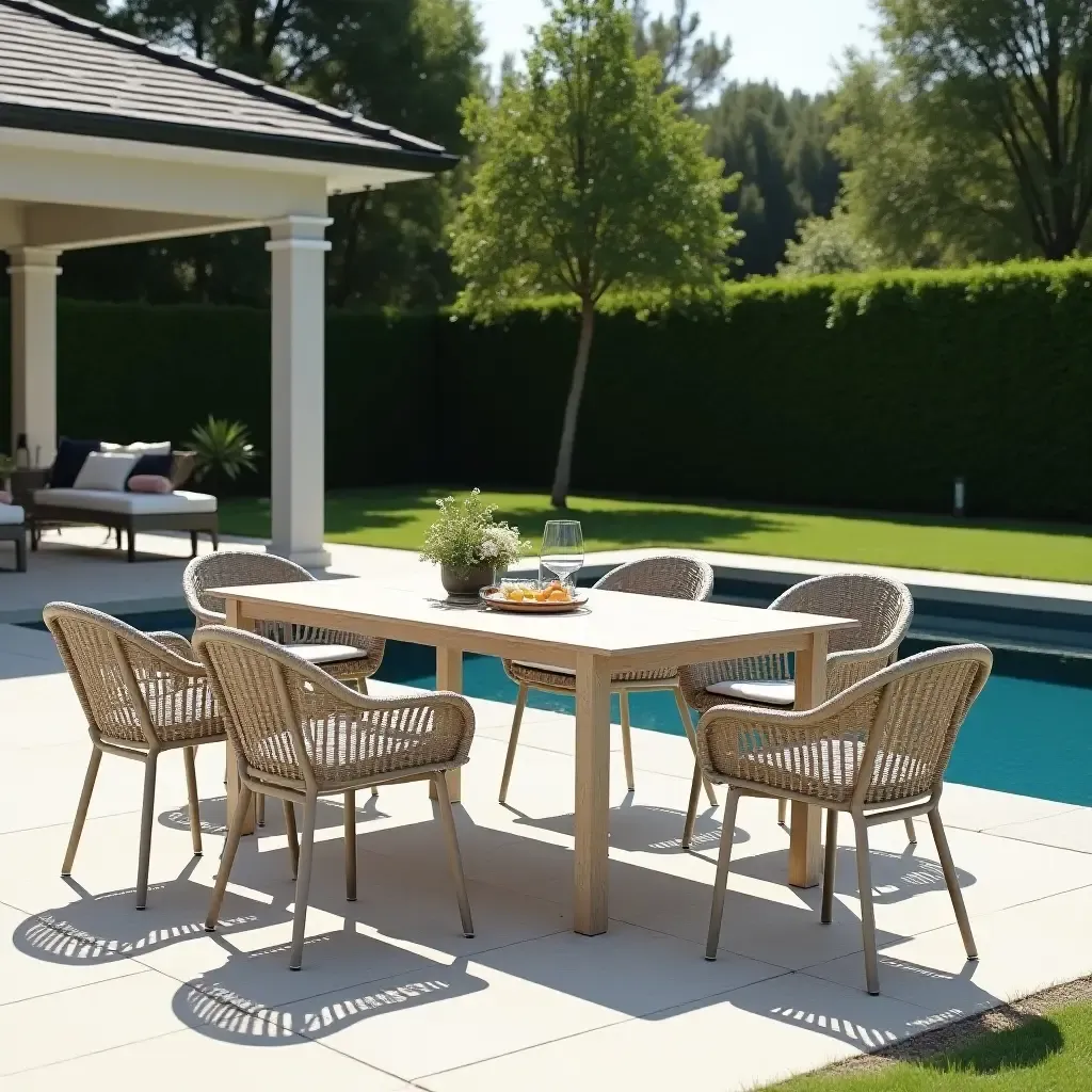 a photo of a classic outdoor dining set beside a tranquil pool