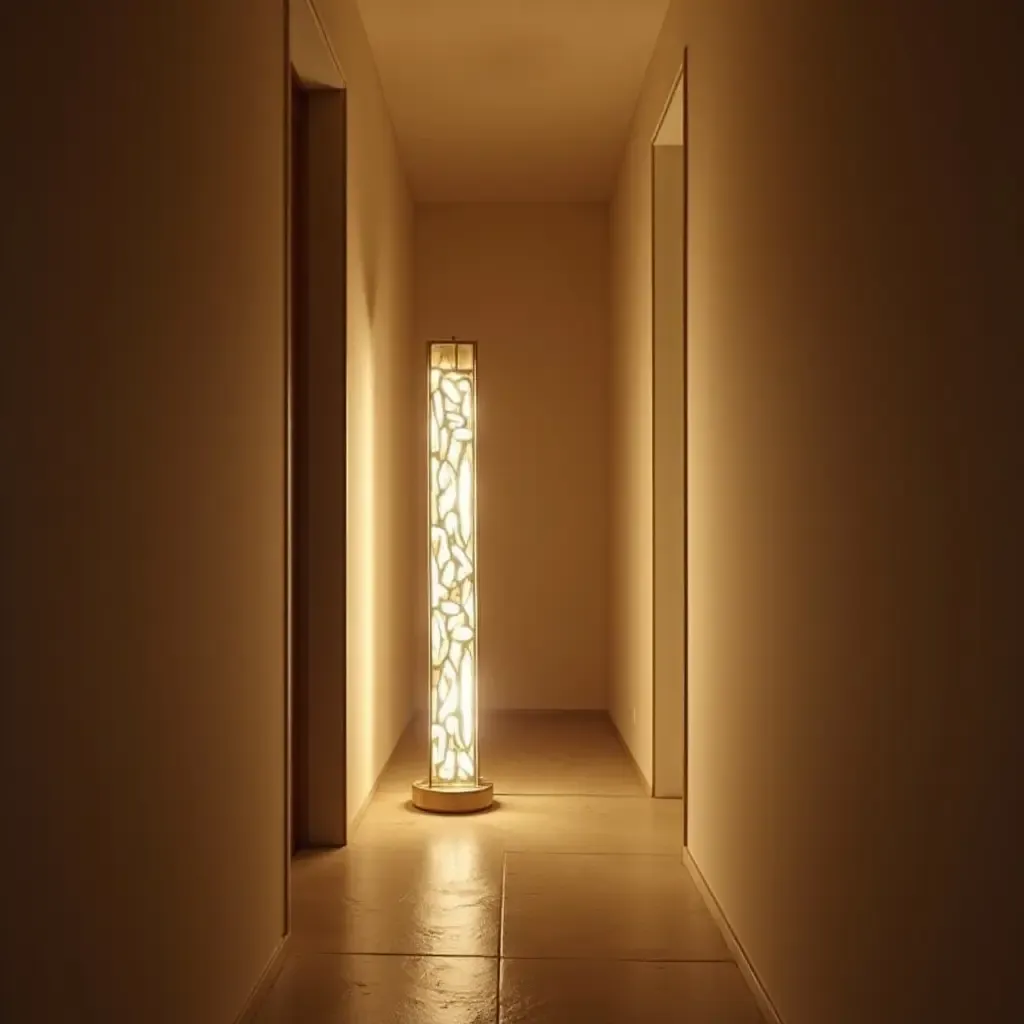 a photo of a corridor with a unique, artistic floor lamp