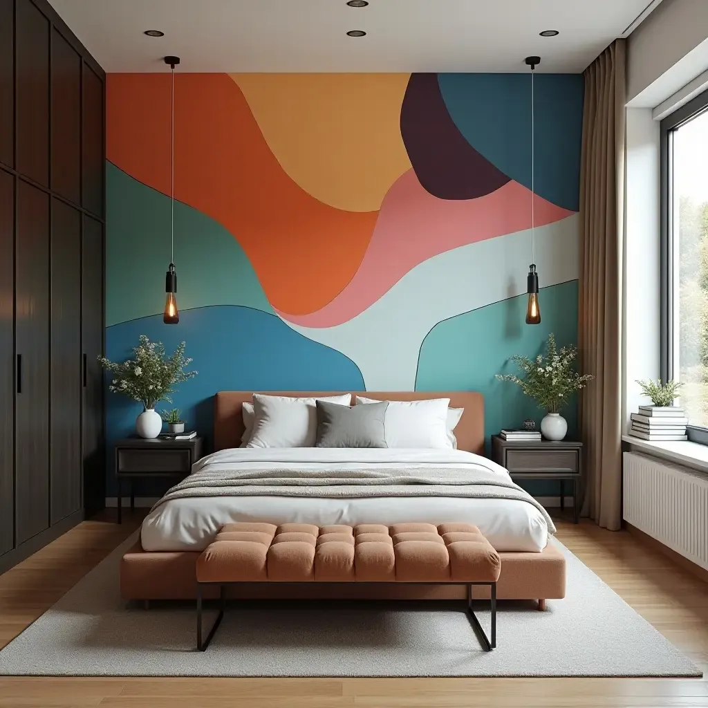 a photo of a stylish bedroom with a bold mural and sleek furniture