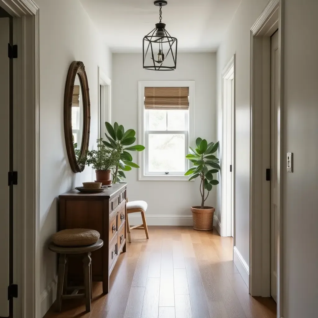 a photo of a farmhouse corridor with a mix of modern and vintage decor