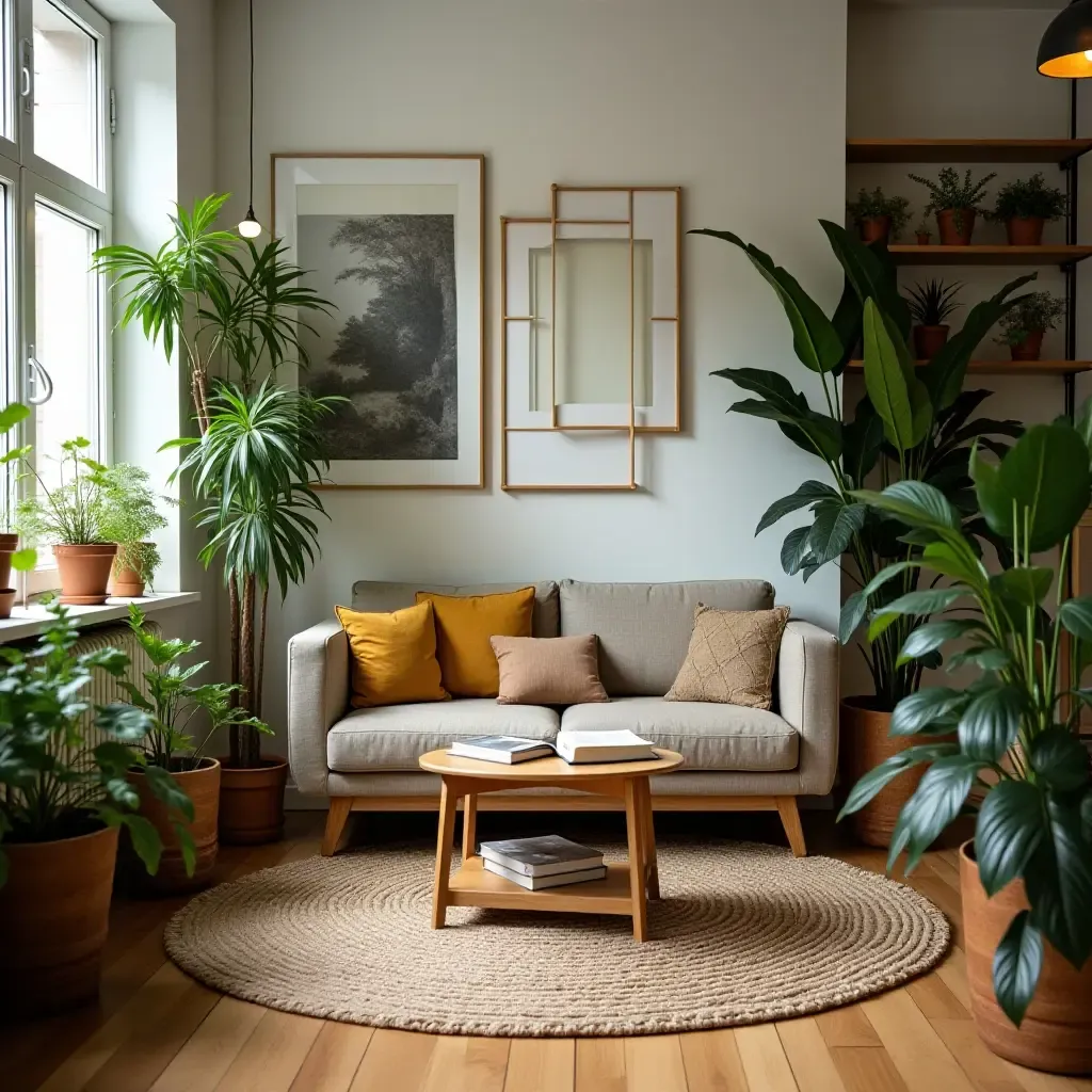 a photo of a cozy reading area with indoor plants