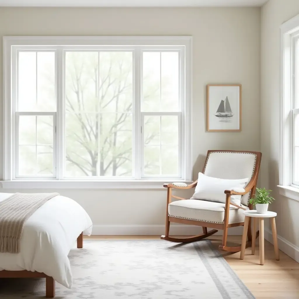 a photo of a serene bedroom with a farmhouse-style rocking chair