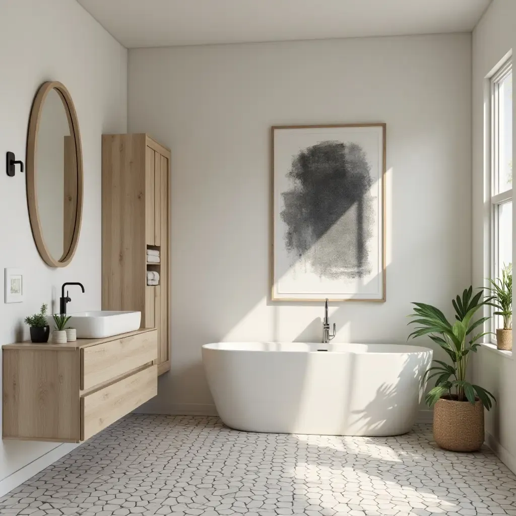 a photo of a bathroom with a unique wall art storage solution