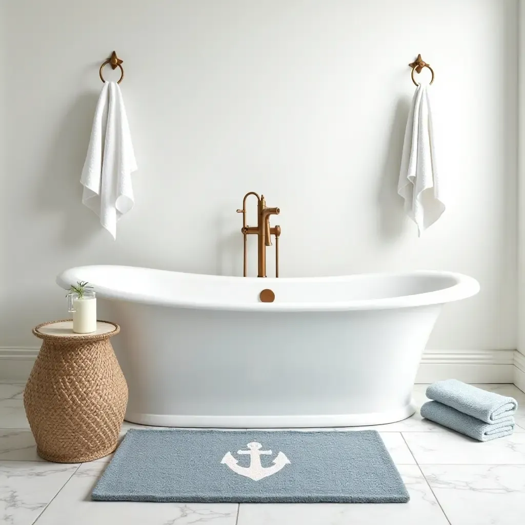 a photo of a nautical-themed rug in a coastal bathroom