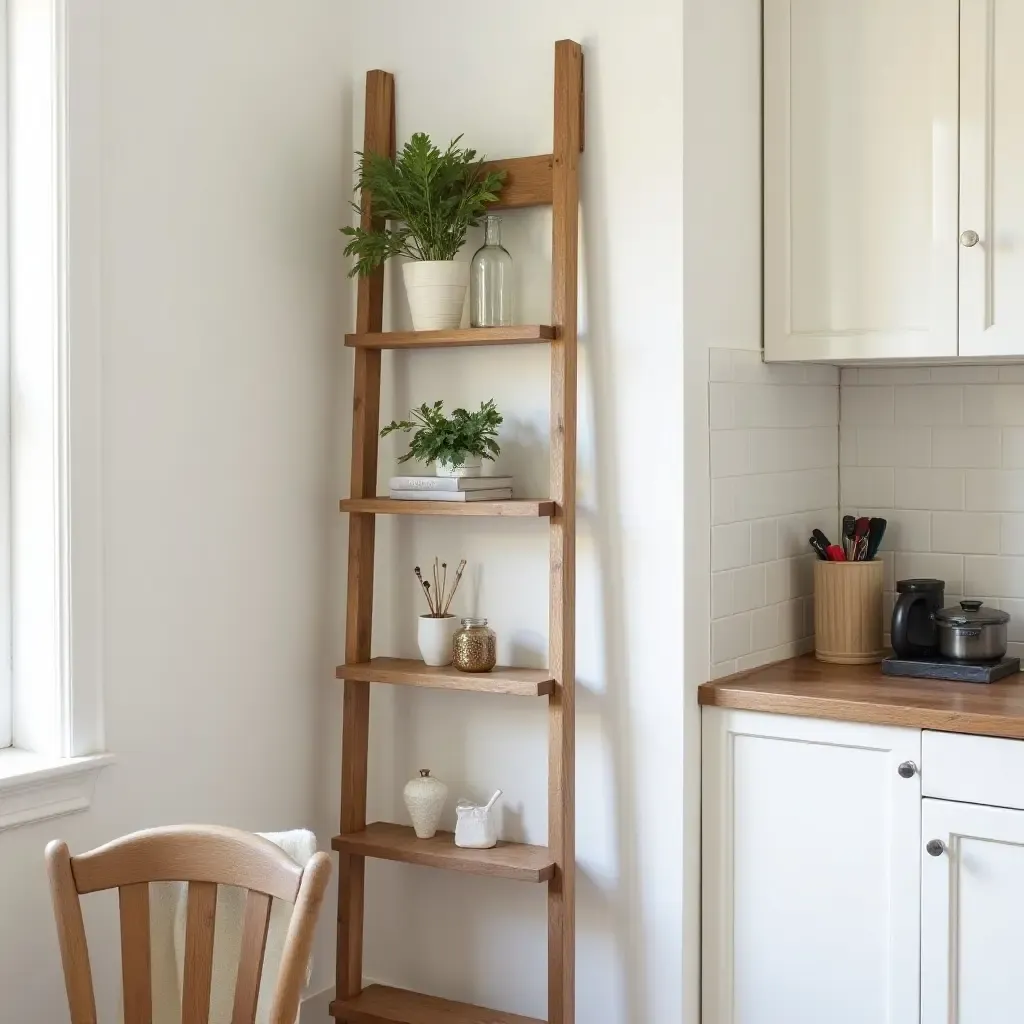 a photo of a wooden ladder used as a decorative shelf in the kitchen