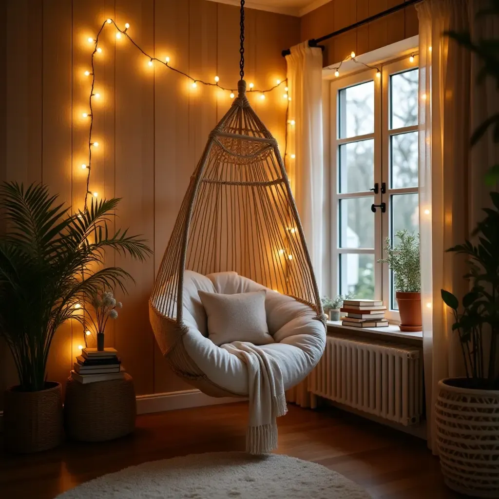 a photo of a modern reading nook with a hammock chair and fairy lights