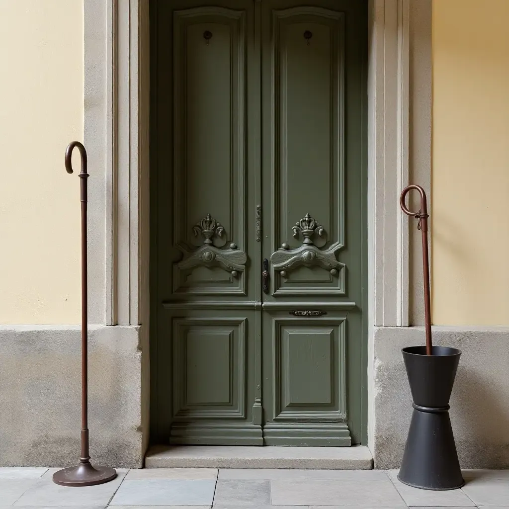 a photo of a vintage umbrella stand next to a door