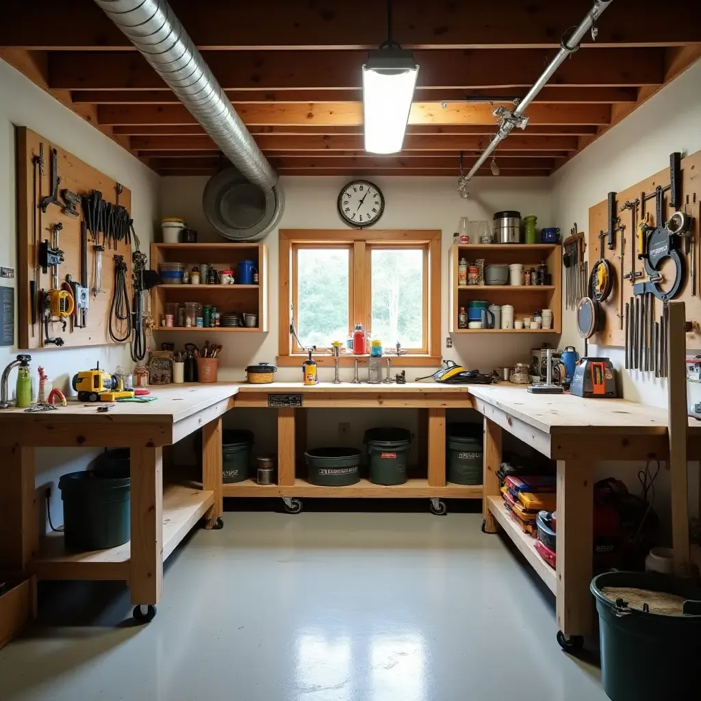 a photo of a basement workshop with tools and a workbench for projects