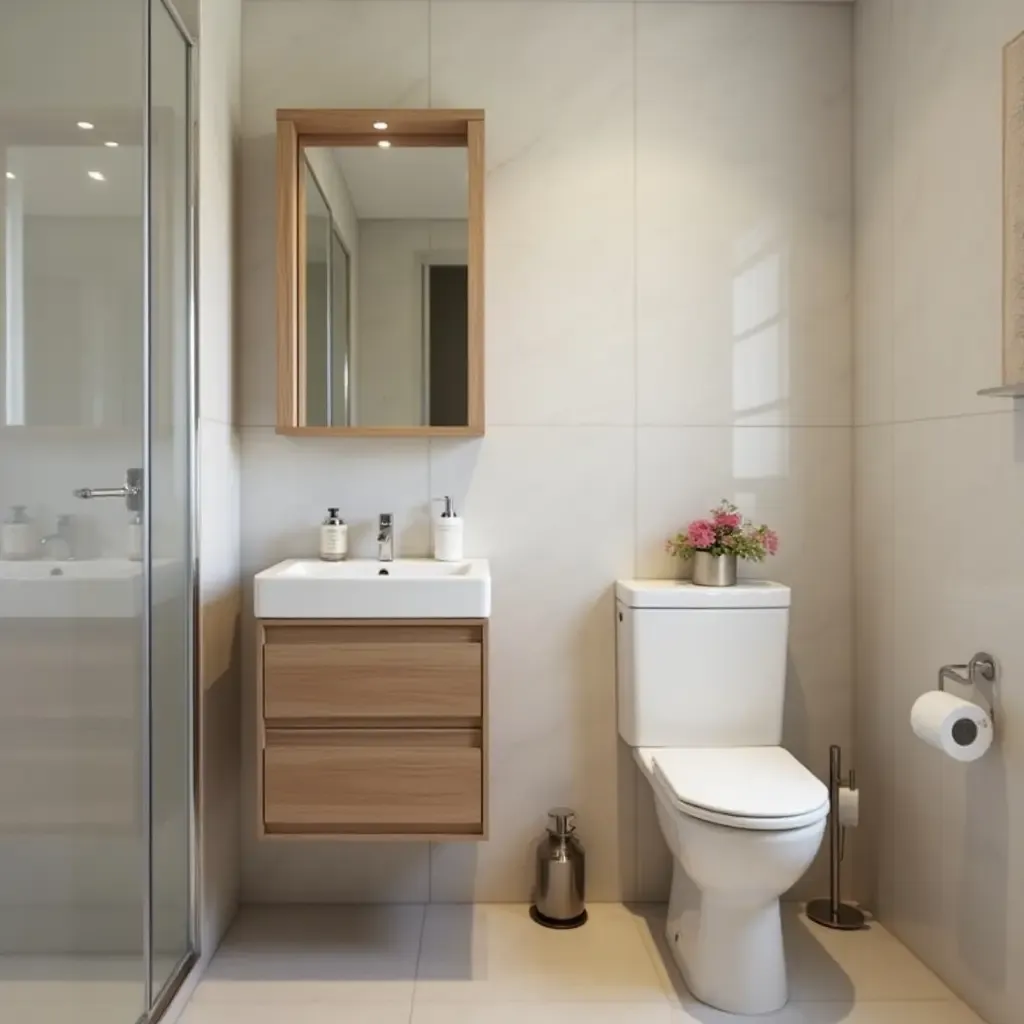 a photo of a compact bathroom with a fold-down vanity for space-saving