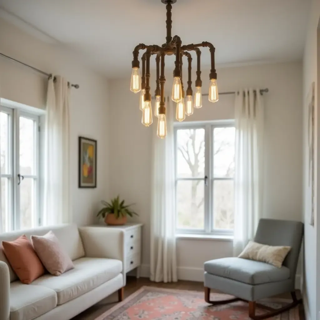 a photo of a nursery with a unique pendant light made from pipes