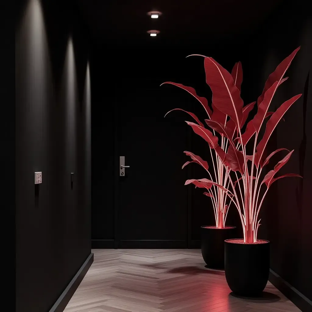 a photo of a dramatic black wall with neon plant accents in a hallway