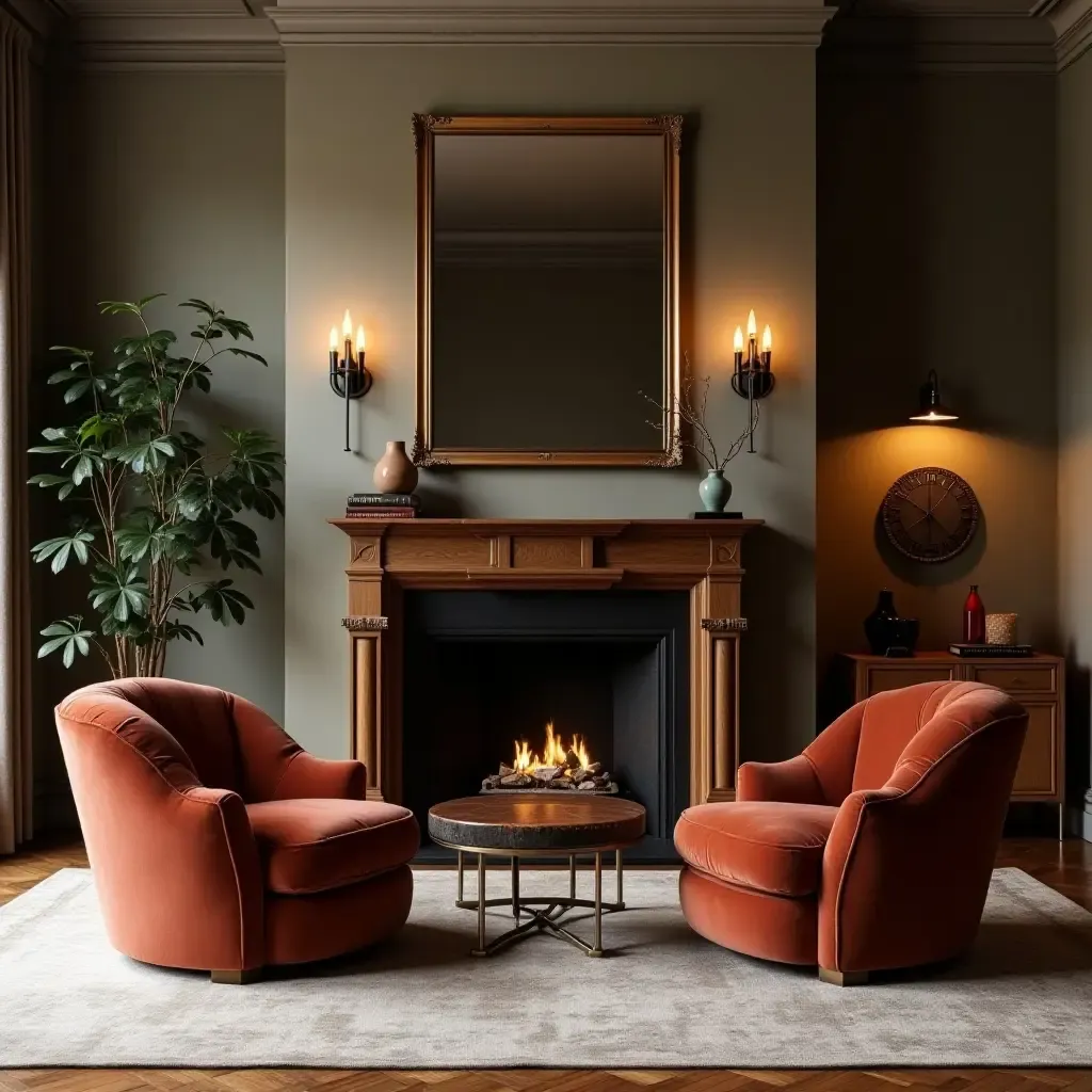 a photo of an elegant living room with velvet chairs, wood mantel, and leather accessories