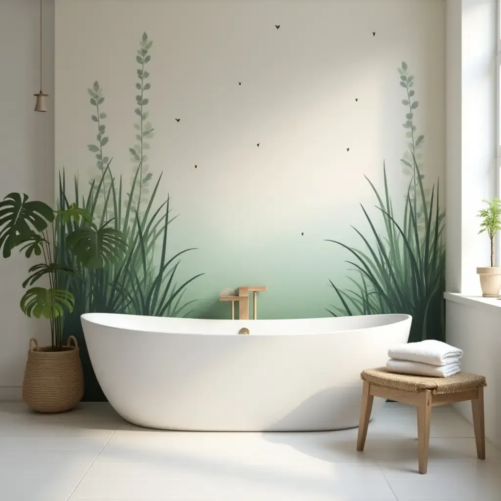 a photo of a calming zen garden mural in a minimalist bathroom