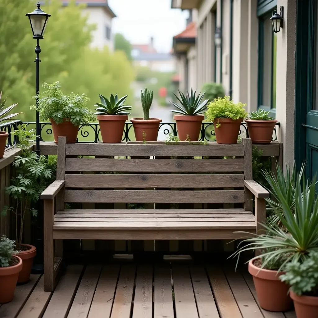 a photo of a balcony featuring a vintage wooden bench and potted succulents