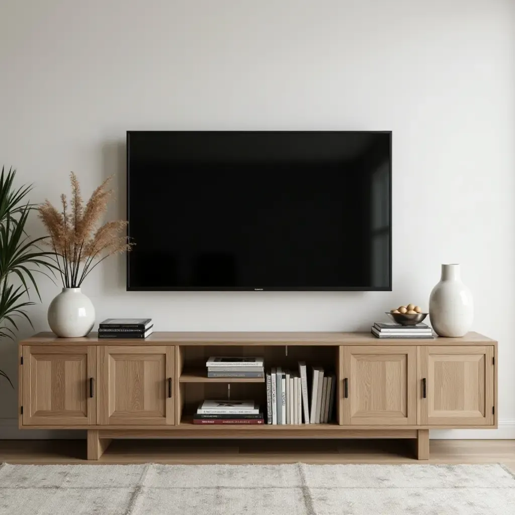 a photo of a stylish media console adorned with books and decorative objects