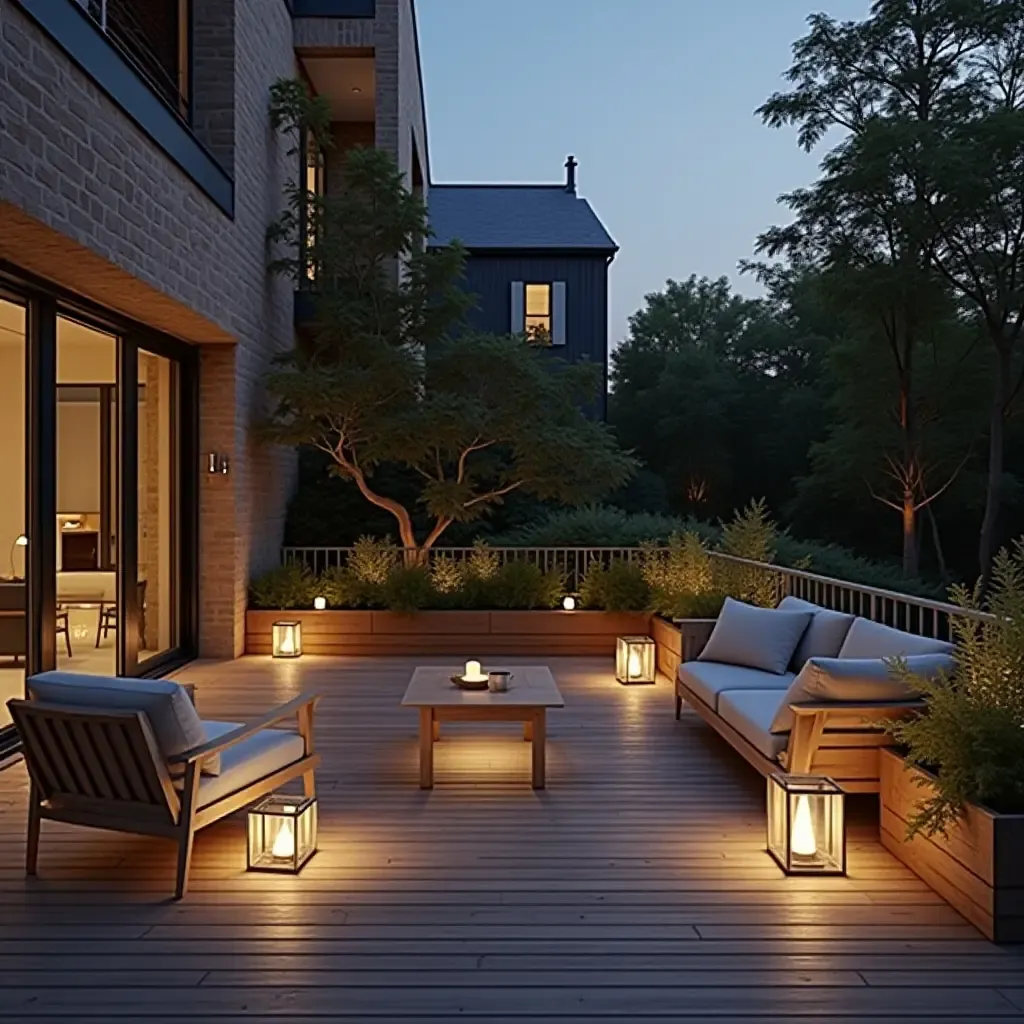 a photo of a spacious balcony with Scandinavian-style outdoor lighting and minimalistic furniture