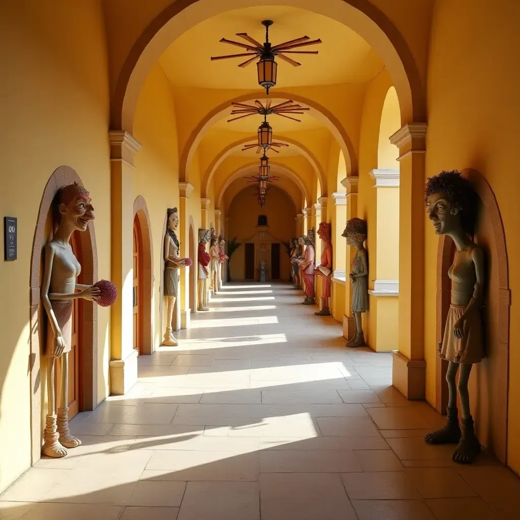 a photo of a corridor with whimsical sculptures along the walls