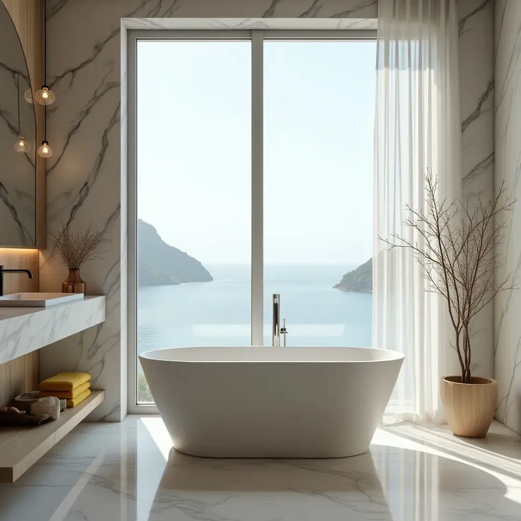 a photo of a freestanding tub next to a large window with a view