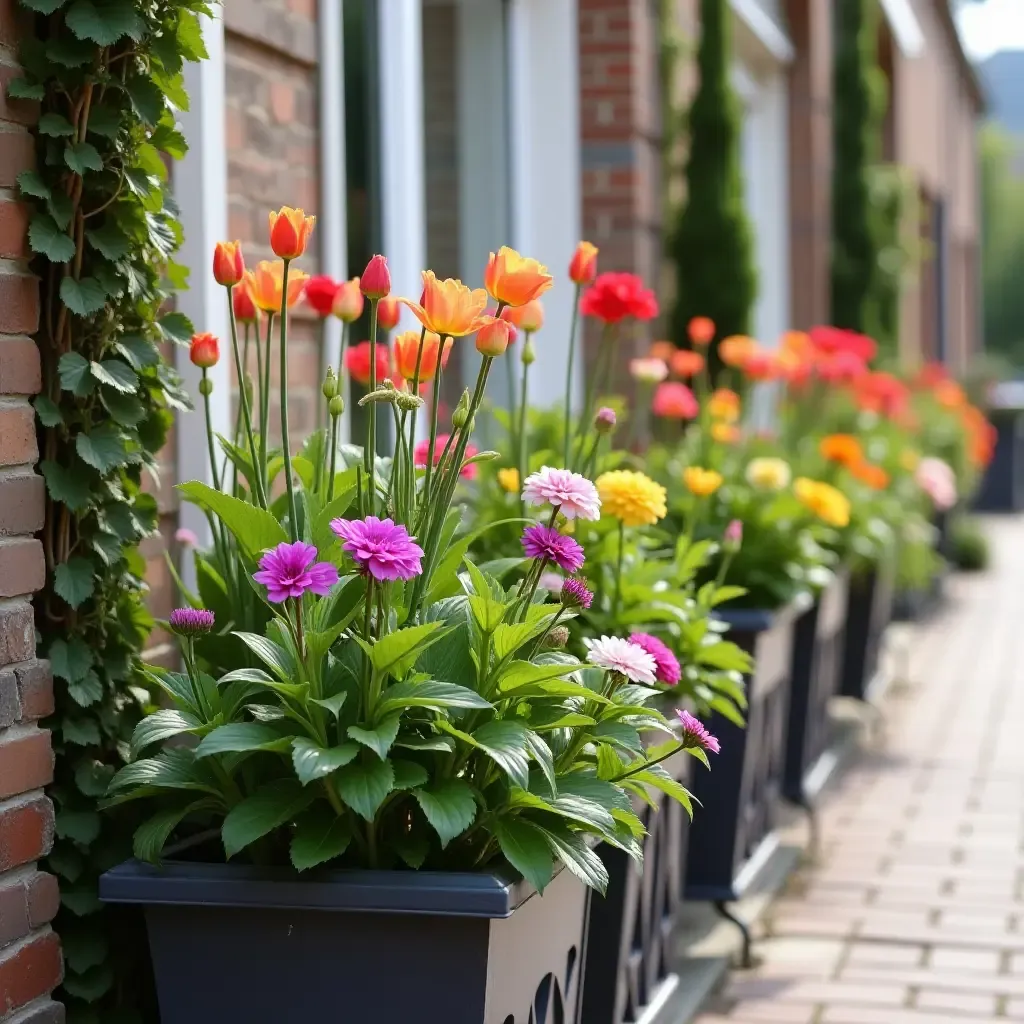 a photo of a balcony featuring metallic garden stakes and colorful blooms