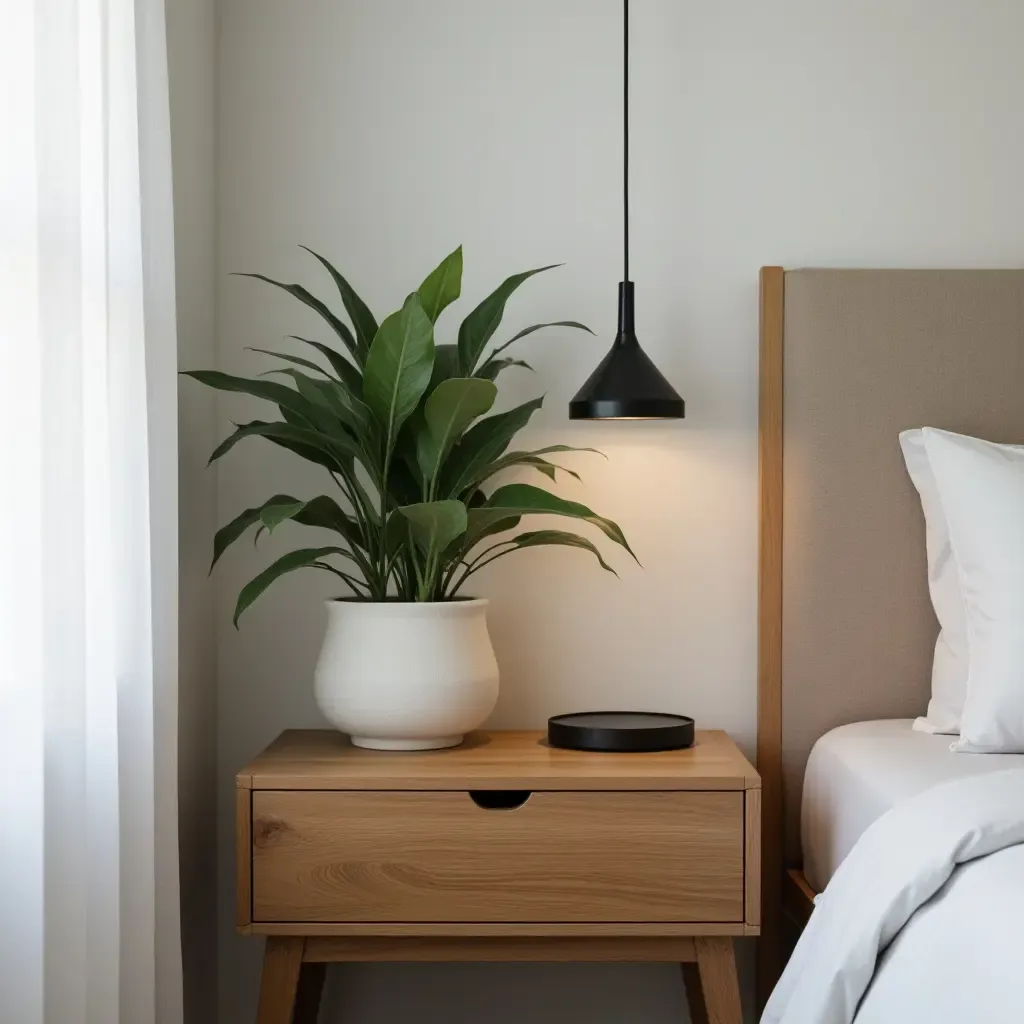 a photo of a nightstand with a stylish plant arrangement