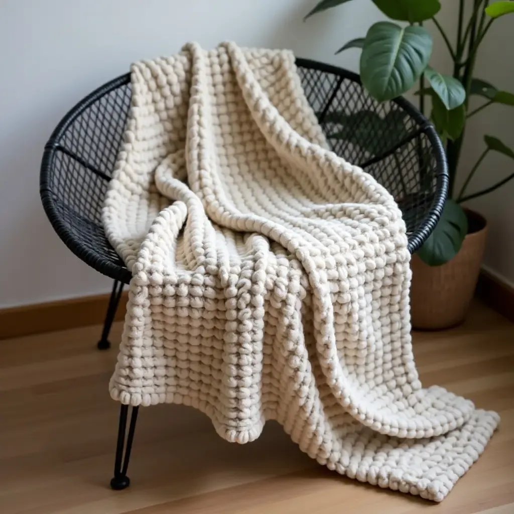 a photo of a cozy blanket draped over a metal chair