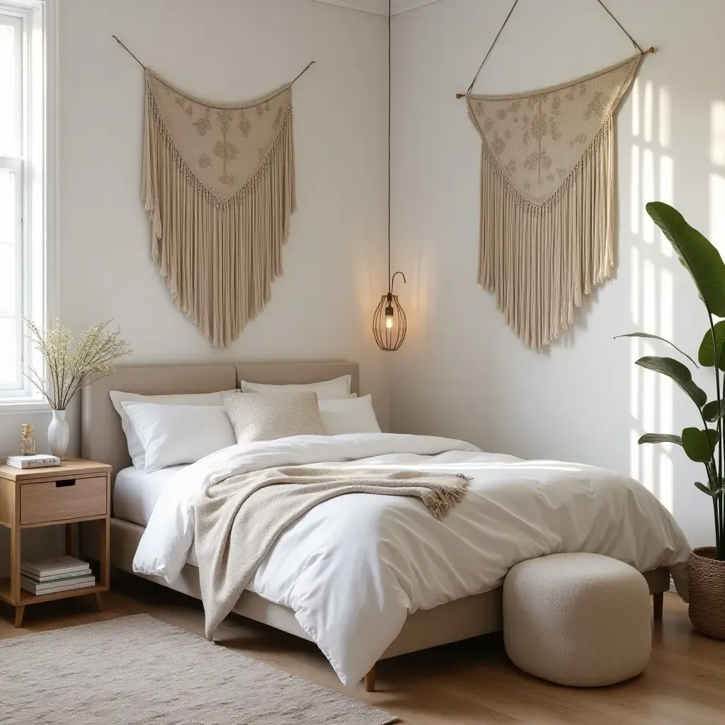 a photo of a bedroom with minimalist design and bohemian textiles on walls