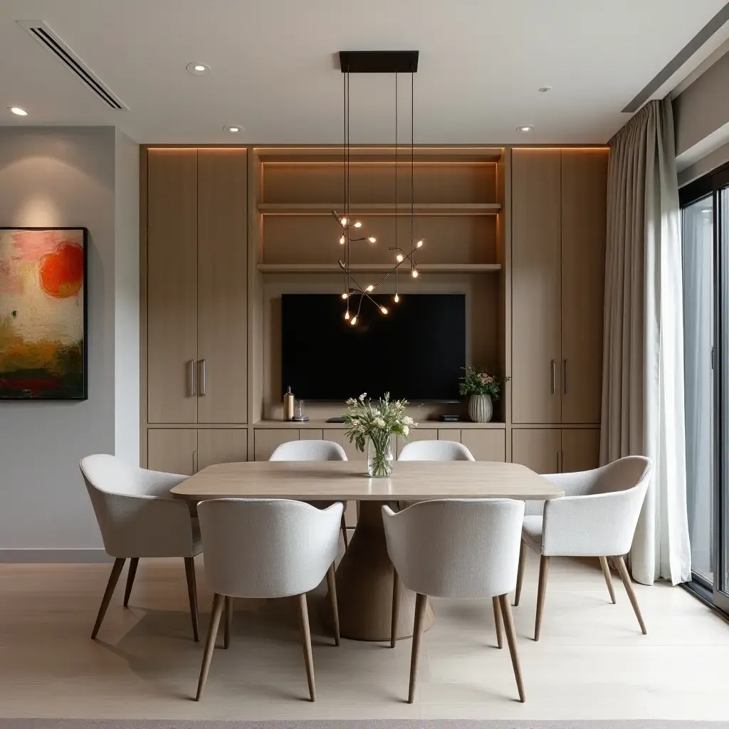 a photo of a dining area with a hidden TV behind a sliding artwork panel