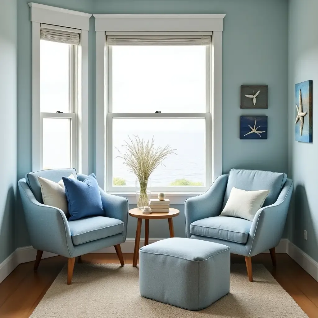 a photo of a coastal-themed reading nook with blue accents and beach decor