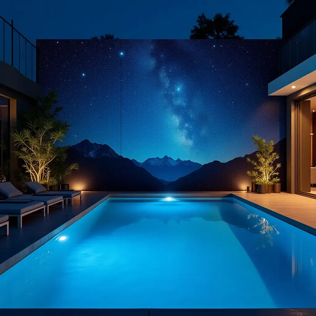 a photo of a captivating starry night mural next to the pool