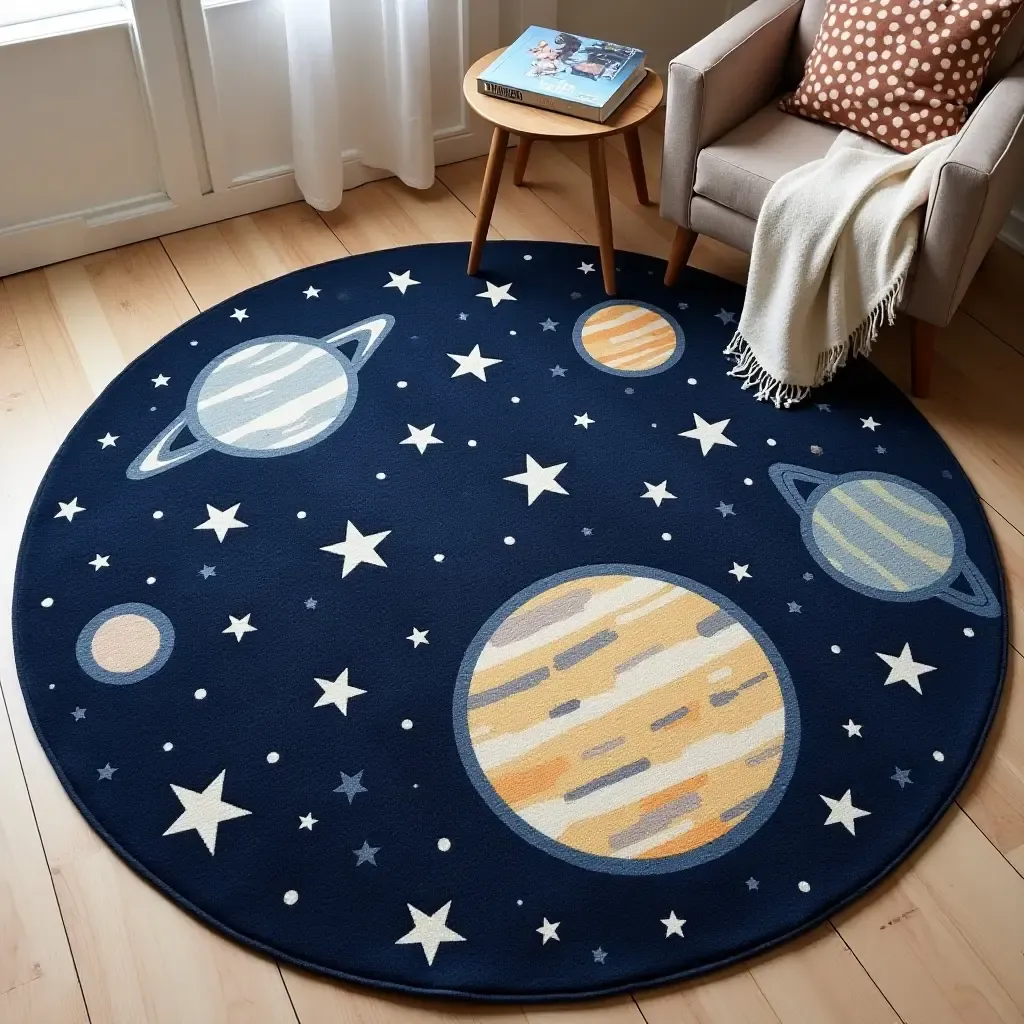 a photo of a space-themed rug with planets and stars for kids