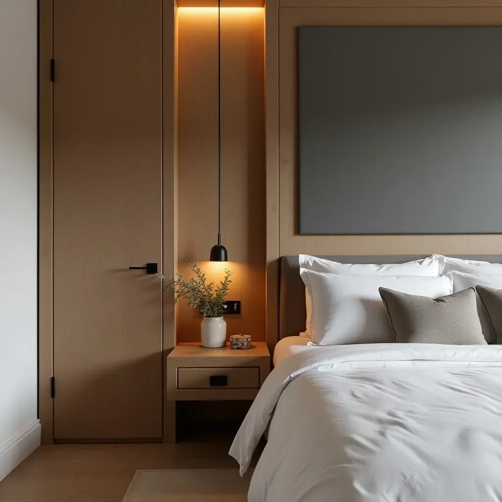 a photo of a sophisticated bedroom with hidden nightstand storage