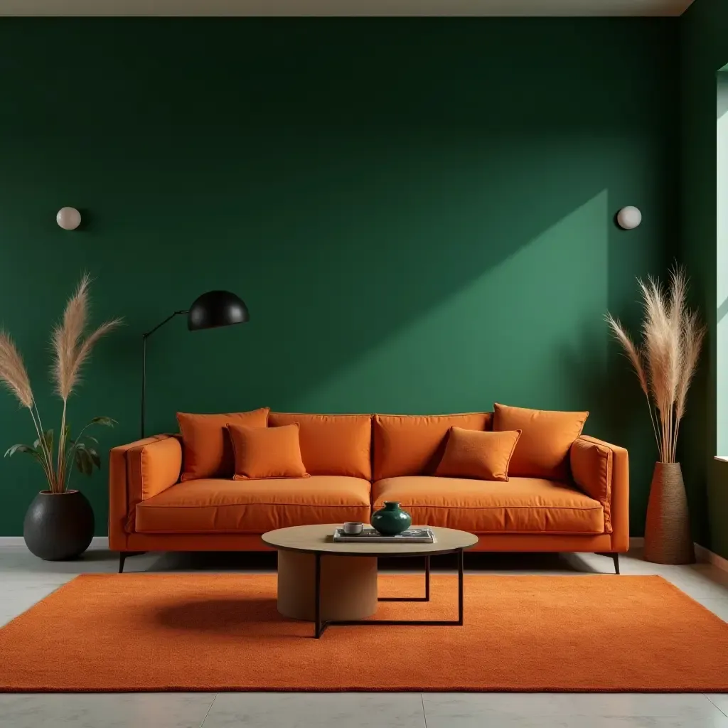 a photo of a living room featuring a dark green accent wall and burnt orange rug