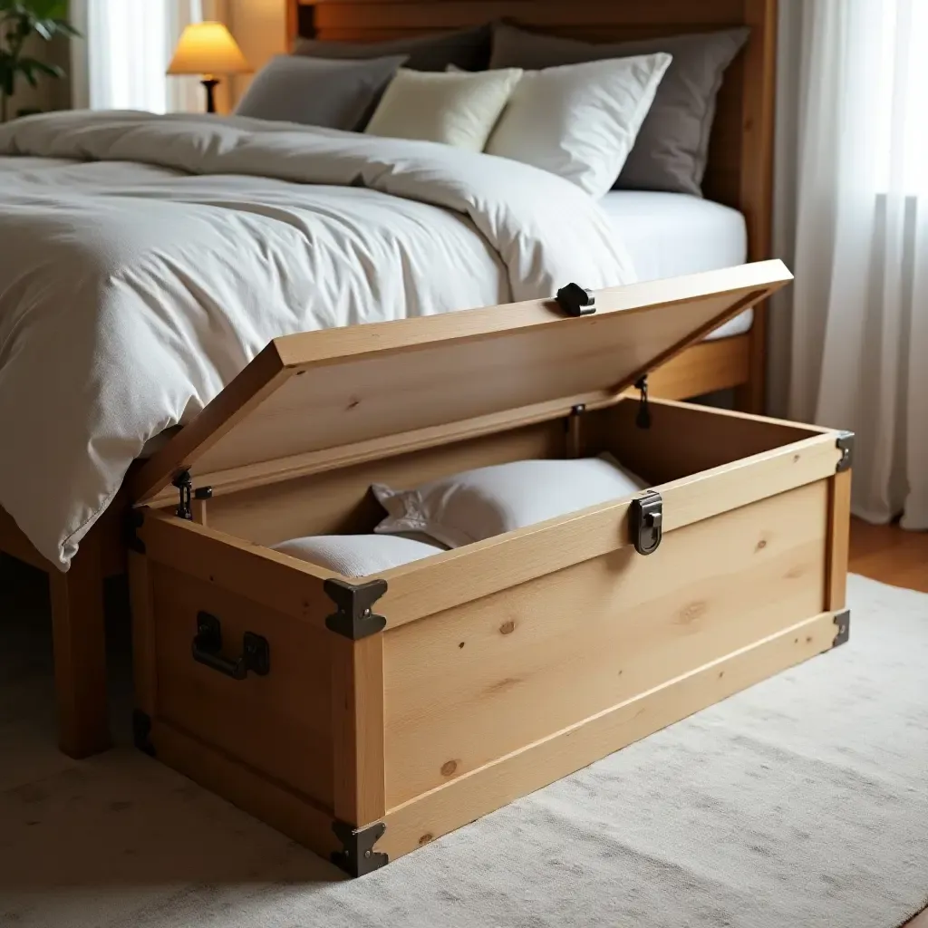 a photo of a wooden trunk used for storage at the foot of a bed