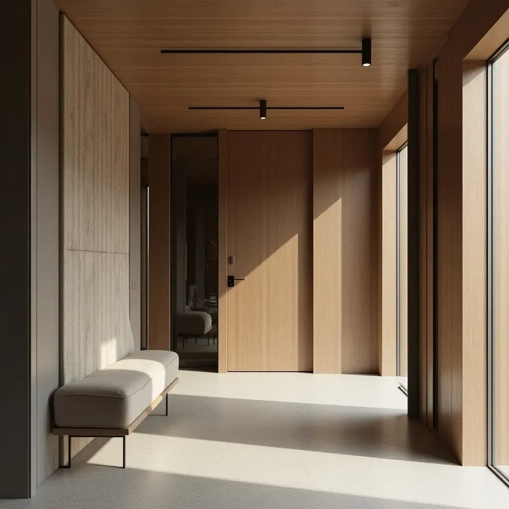 a photo of a modern entrance hall showcasing fabric, wood, and metal in harmony