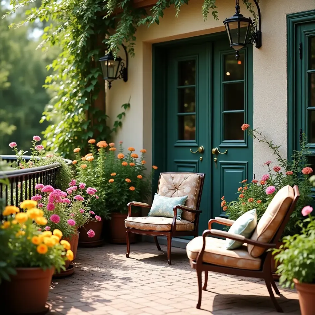 a photo of a balcony garden with vintage furniture and colorful flowers