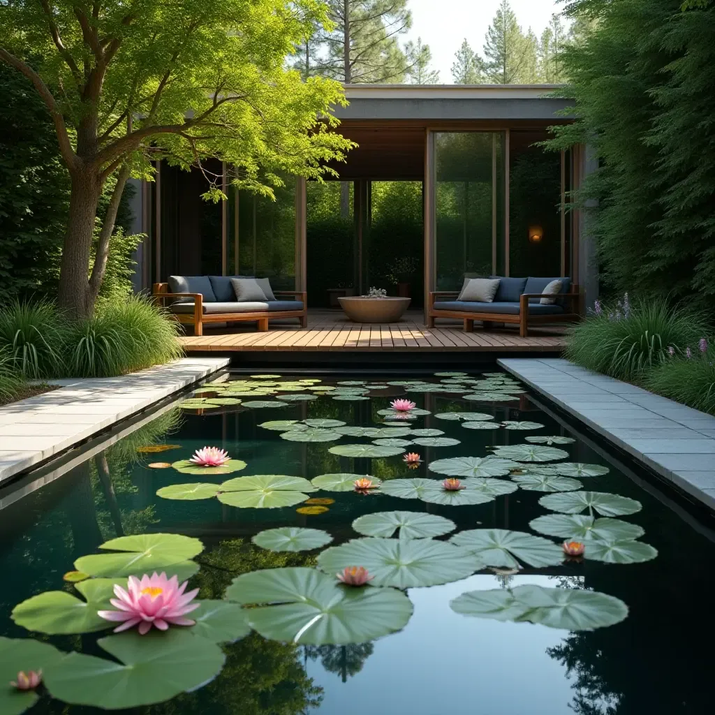 a photo of a serene poolside space with a wooden bridge and water lilies