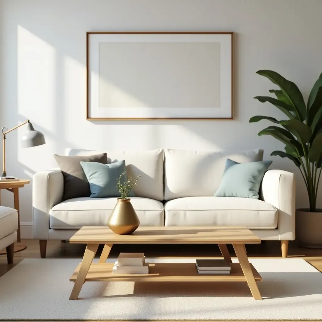 a photo of a living room with a natural wood coffee table